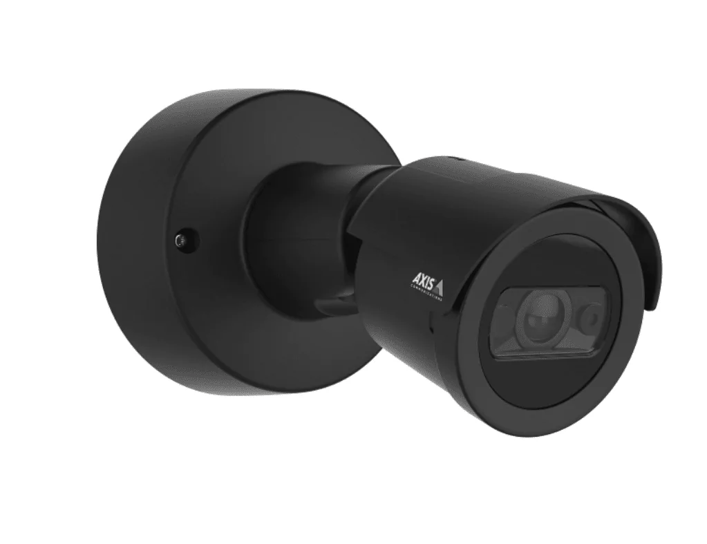 Zwarte Axis M2035-LE outdoor bullet camera met compact design en geïntegreerde lens voor brede bewaking.