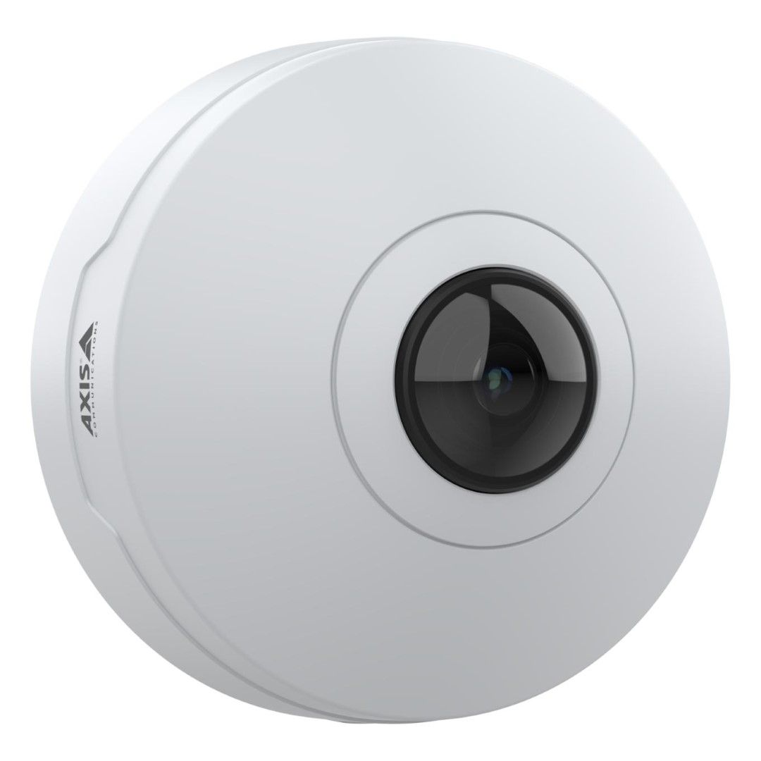 Witte Axis M4328-P panoramische domecamera met centrale stereografische lens voor 360-graden camerabewaking.