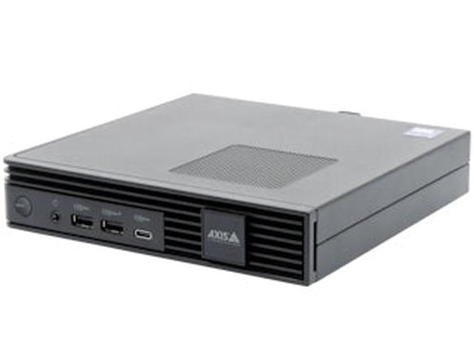 Zwarte Axis S9301 Mk II micro-workstation met ventilatierooster, USB-poorten en AXIS-logo op de voorzijde.