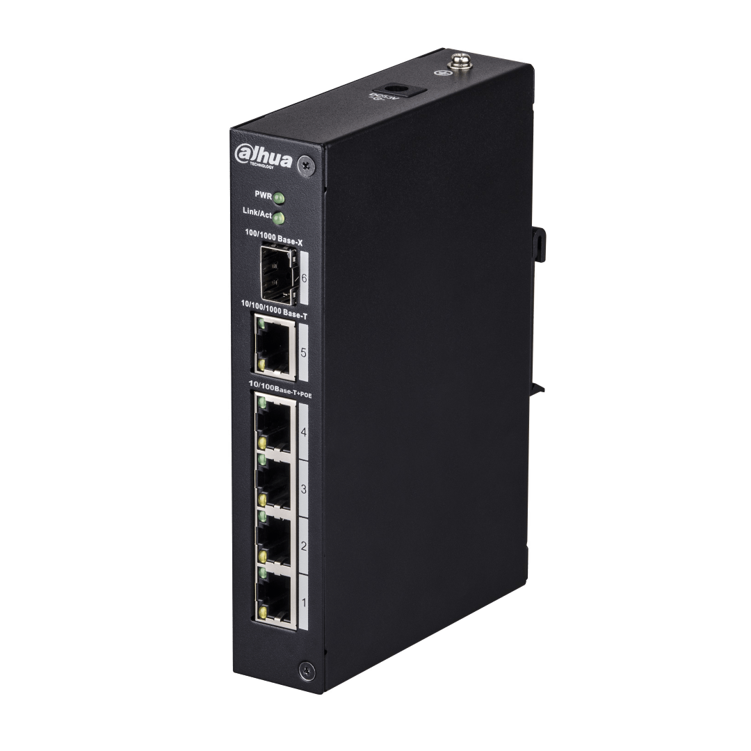 Zwarte Dahua 4-poorts PoE-switch met metalen behuizing, statuslampjes en diverse netwerkaansluitingen.