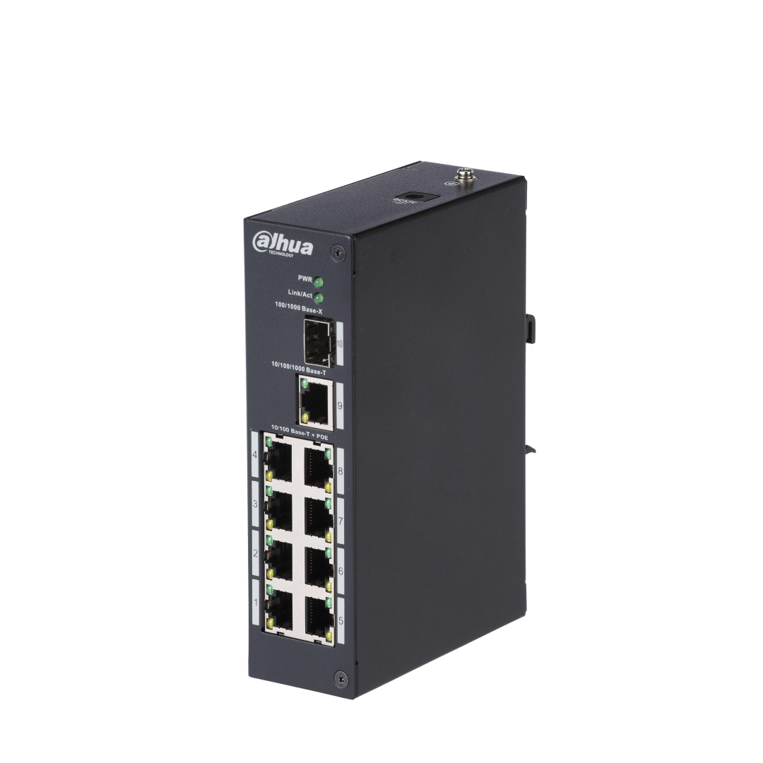 Zwarte Dahua 8-poorts PoE-switch met metalen behuizing, 8 PoE-poorten en 2 uplink-poorten voor netwerkcamera's.