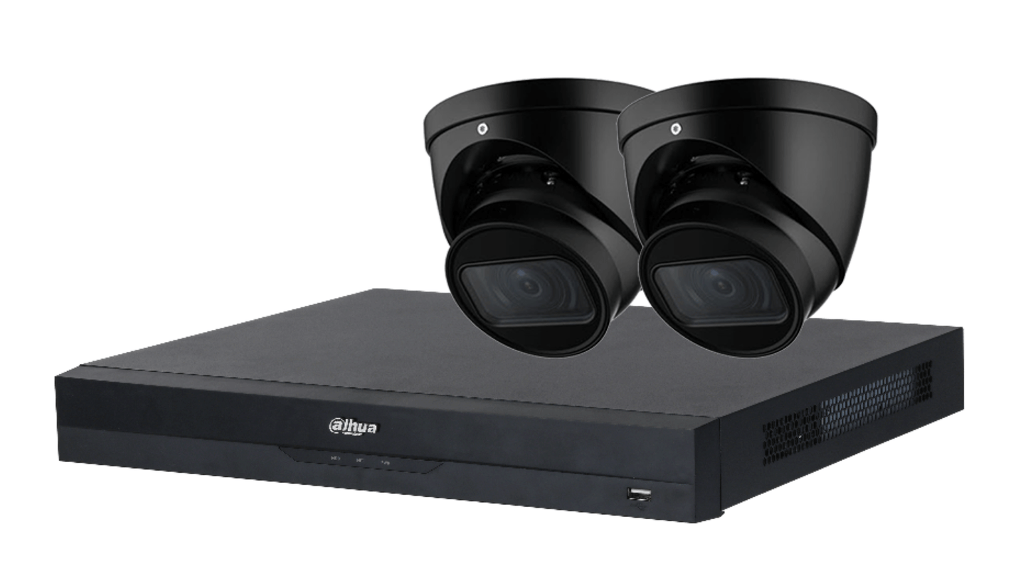 Zwarte Dahua 4K cameraset met 8-kanaals NVR en twee turret beveiligingscamera's.