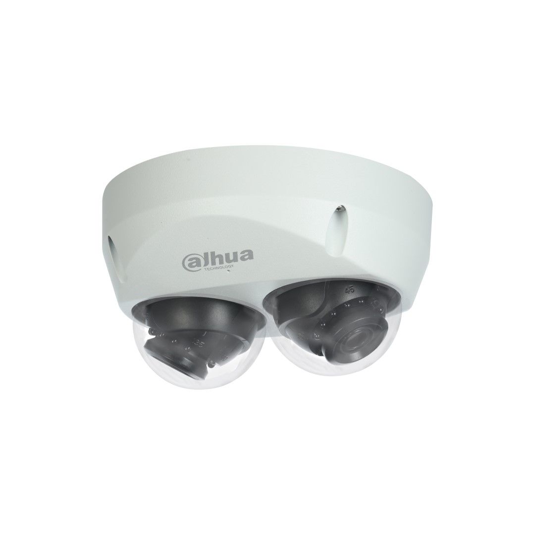 Witte Dahua multi-sensor mini dome camera met twee verstelbare lenzen en robuuste IP67 behuizing.