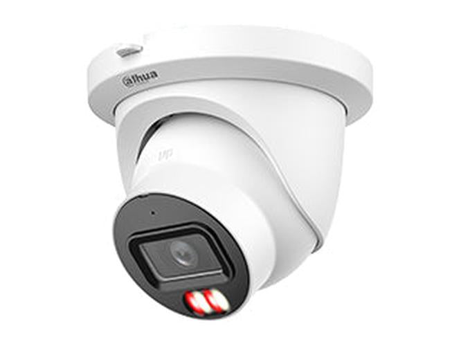 Witte Dahua 8MP WizMind eyeball beveiligingscamera met Smart Dual Light en 2.8mm lens voor buitenmontage.