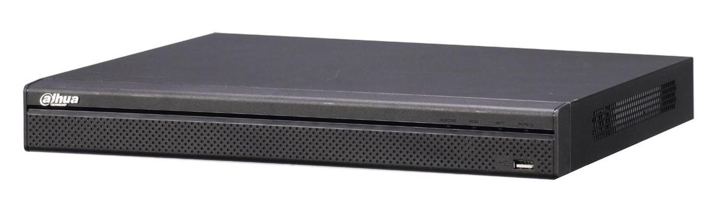 Zwarte Dahua DH-NVR5208-4KS2 netwerkvideorecorder met geperforeerd frontpaneel en USB-poort.
