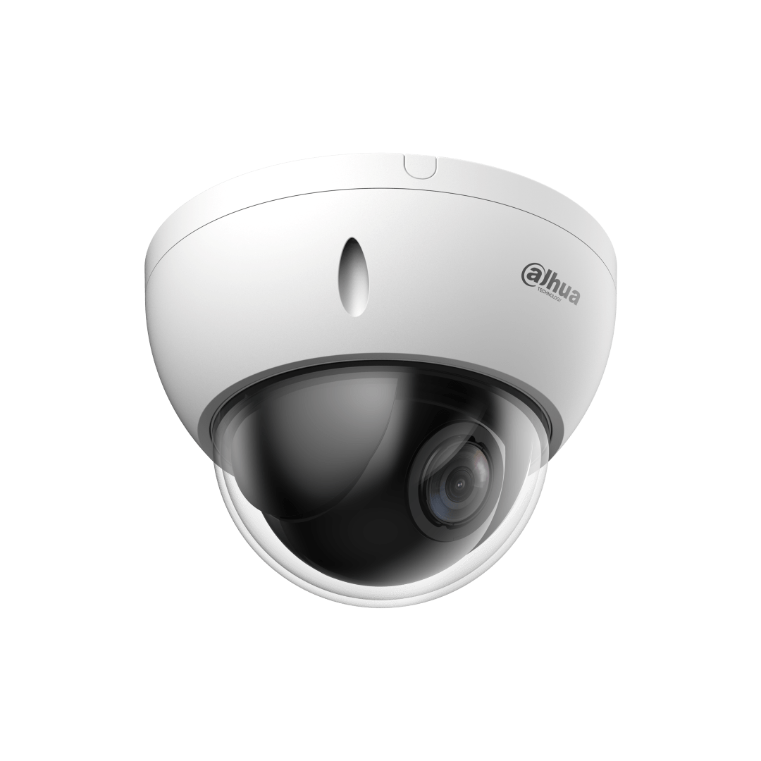 Witte Dahua dome-beveiligingscamera met 4x optische zoom en robuuste IK10-behuizing voor videobewaking.
