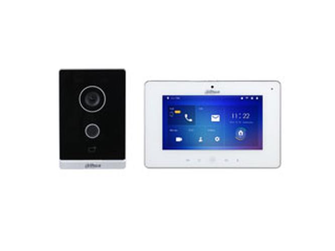 Dahua WiFi video intercom kit met zwarte buitenpost en witte 7-inch touchscreen binnenmonitor.