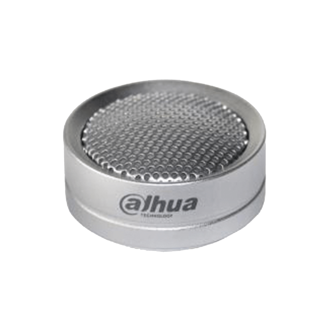 Witte, ronde Dahua HAP120 omni-directionele microfoon met metalen rooster voor beveiligingscamera's.