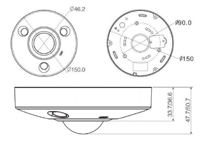 Technische lijntekening van de Dahua 8MP fisheye camera met afmetingen in mm voor montage en installatie.