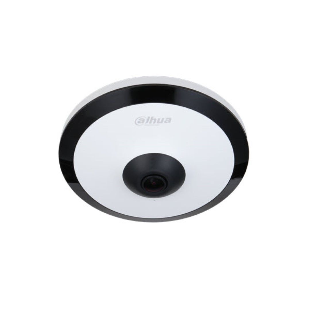 Witte Dahua IPC-EW5541-AS fisheye beveiligingscamera met zwarte lens en rand voor 360 graden bewaking.