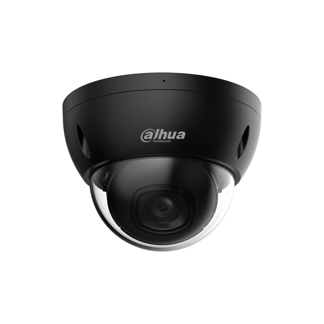 Zwarte Dahua IPC-HDBW2441E-S 4MP dome beveiligingscamera met 2.8mm lens en strak design voor wand- of plafondmontage.