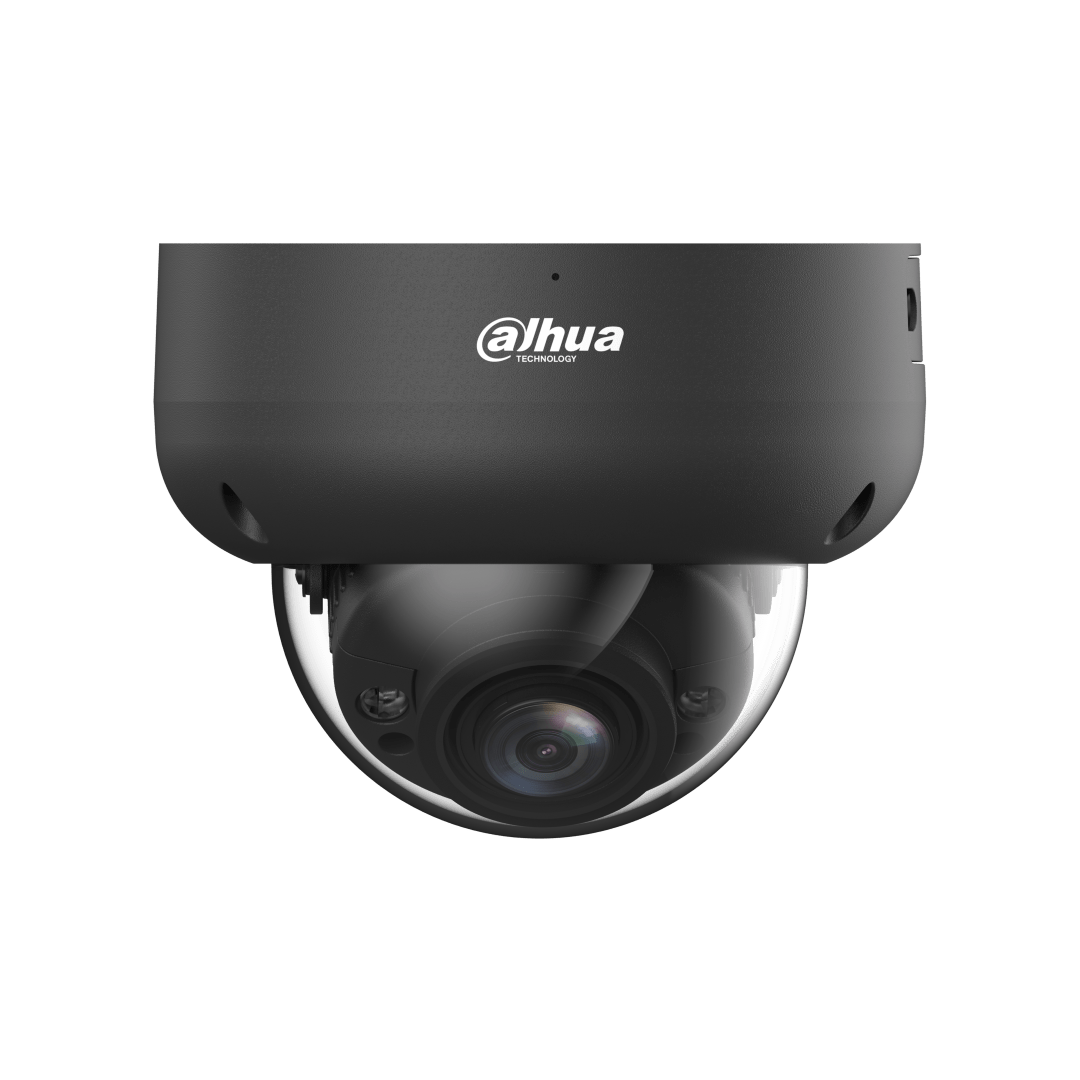 Zwarte Dahua IPC-HDBW3541R-ZS-S2 dome beveiligingscamera met 5MP lens en robuuste behuizing.