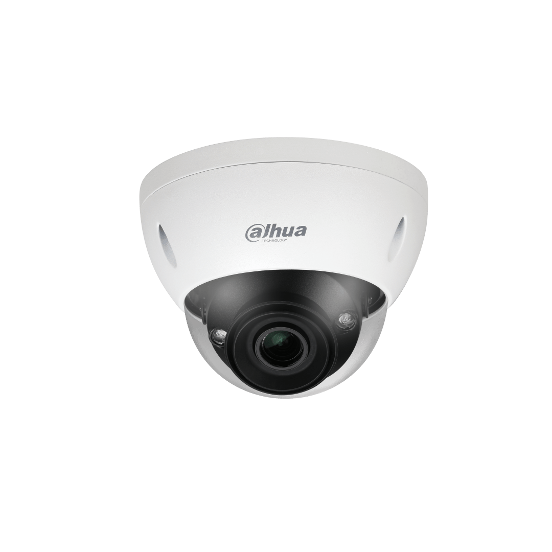 Witte Dahua IPC-HDBW5241E-Z5E dome beveiligingscamera met zwarte lens en robuuste IP67 behuizing voor buiten.