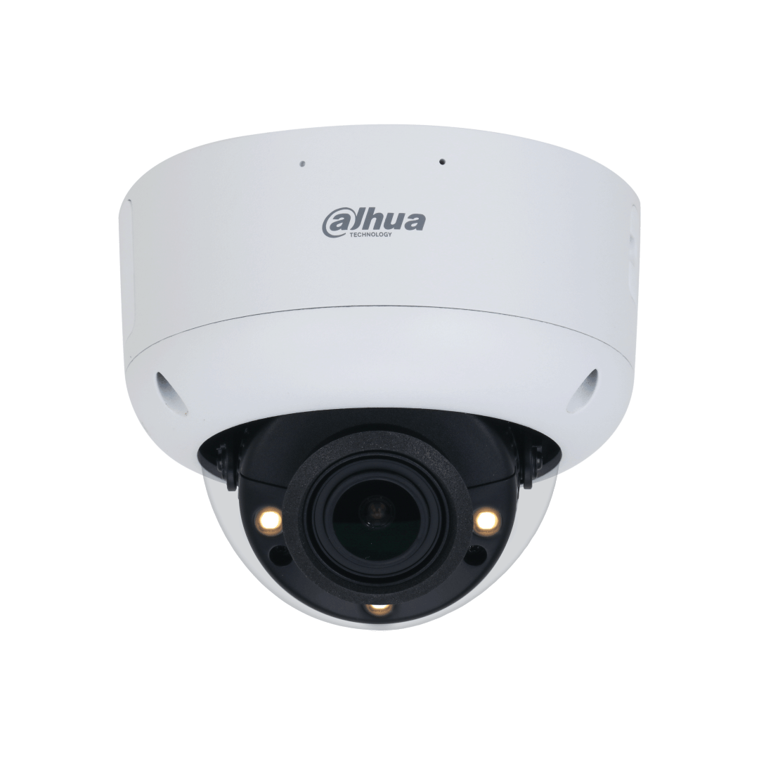 Witte Dahua IPC-HDBW5449R1-ZE-LED domecamera met 4MP lens en ingebouwde warme LED-verlichting voor nachtzicht.