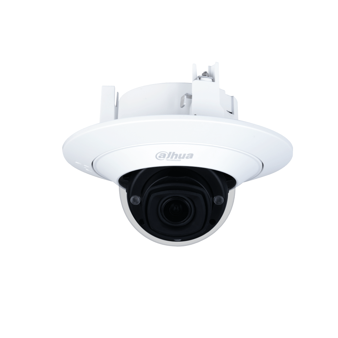 Witte Dahua WizMind dome-beveiligingscamera met zwarte lens en ronde behuizing voor plafondmontage.