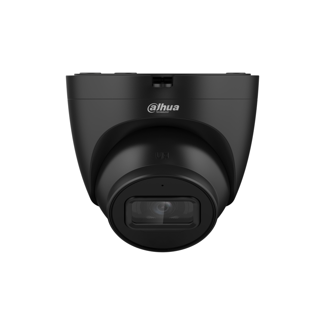 Zwarte Dahua IPC-HDW2441T-S 4MP dome beveiligingscamera met 2.8mm lens en compact modern design.