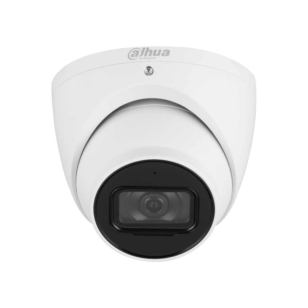 Witte Dahua IPC-HDW3241EM-S-S2 2MP dome beveiligingscamera met zwarte lens en infraroodtechnologie.