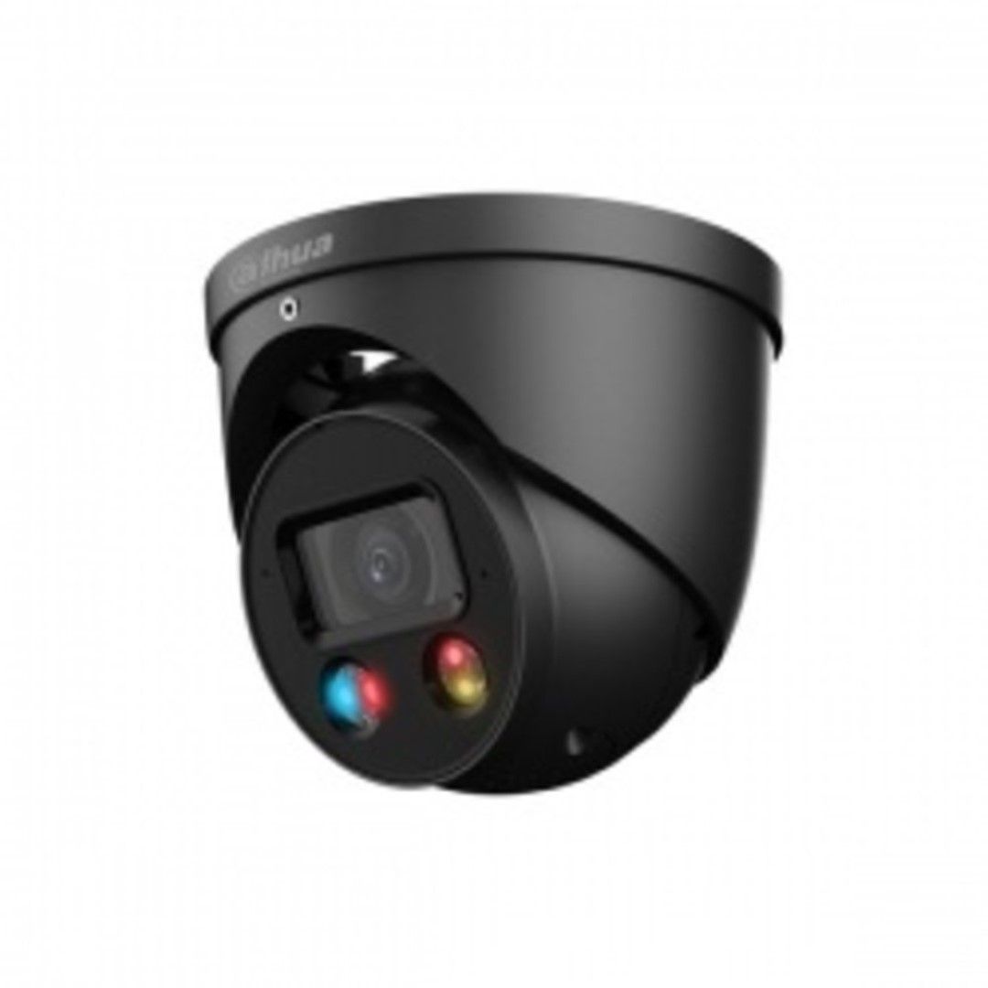 Zwarte Dahua IPC-HDW3449H-AS-PV 4MP dome beveiligingscamera met ingebouwde LED-verlichting en 2.8mm lens.