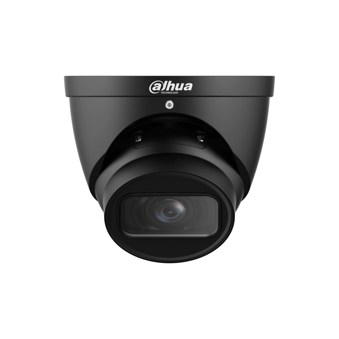 Zwarte Dahua IPC-HDW3541T-ZS-S2 5MP dome beveiligingscamera met infrarood lens en strak design.