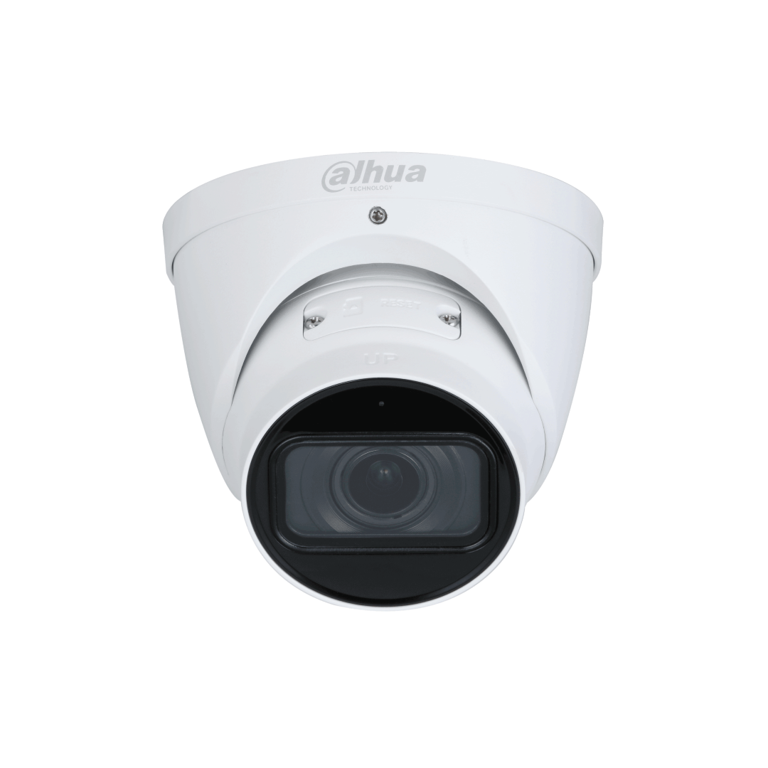 Witte Dahua WizMind 5-serie dome-beveiligingscamera met starlight-lens en robuuste IP67-behuizing.