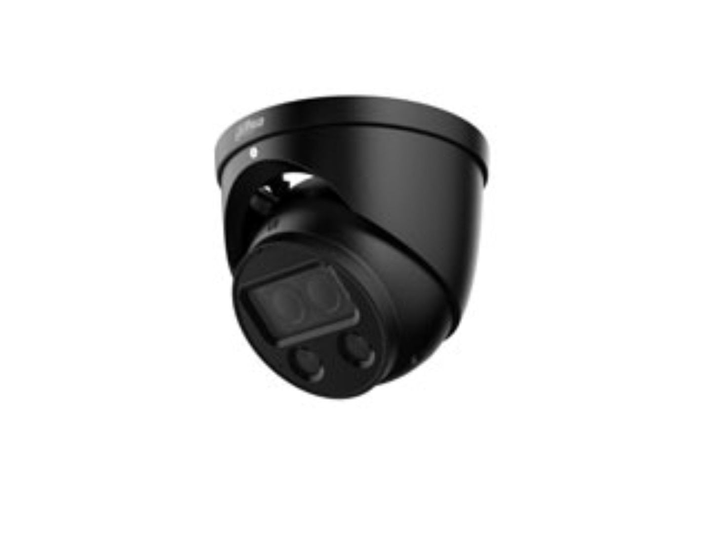 Zwarte Dahua IPC-HDW5449H-ASE-D2 dome beveiligingscamera met dubbele AI-sensoren en 2.8 mm lens voor multispectrale beelden.