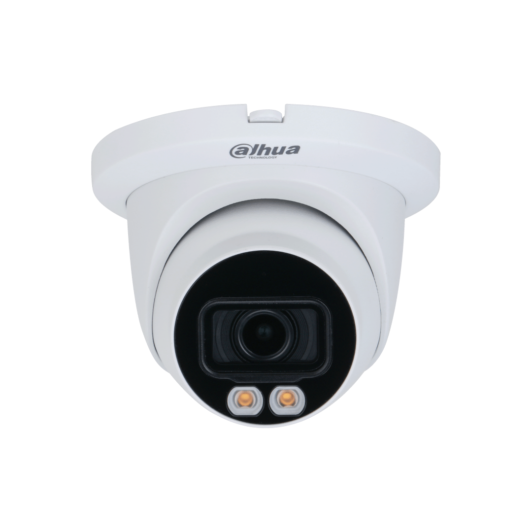 Witte Dahua IPC-HDW5449TM-SE-LED dome beveiligingscamera met 4MP lens en ingebouwde warme LED-verlichting.
