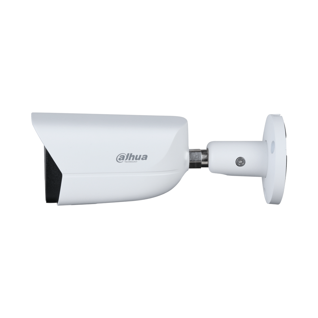 Witte Dahua WizSense bullet-beveiligingscamera met verstelbare muurbeugel en strak design voor buitenmontage.