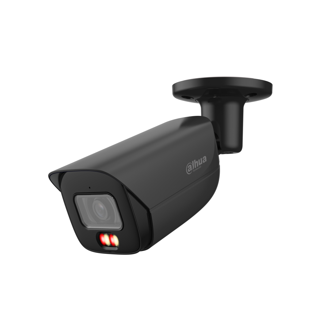 Zwarte Dahua IPC-HFW3849E-AS-IL 8MP bullet-beveiligingscamera met 2.8mm lens en ingebouwde IR- en warmlichtverlichting.
