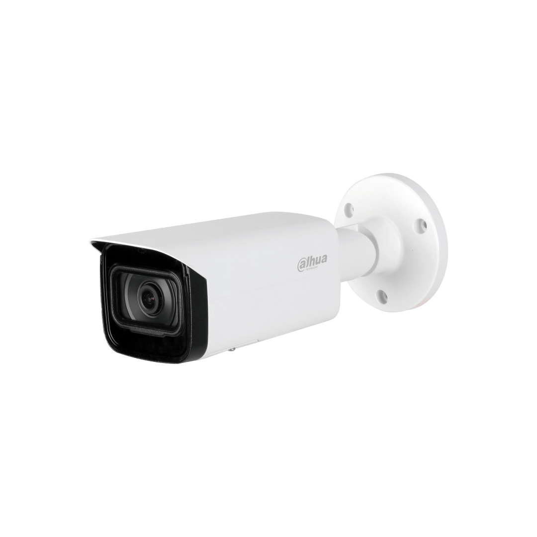 Witte Dahua IPC-HFW5241T-ASE bullet camera met zwarte lensbehuizing en ronde muurbeugel voor professionele beveiliging.