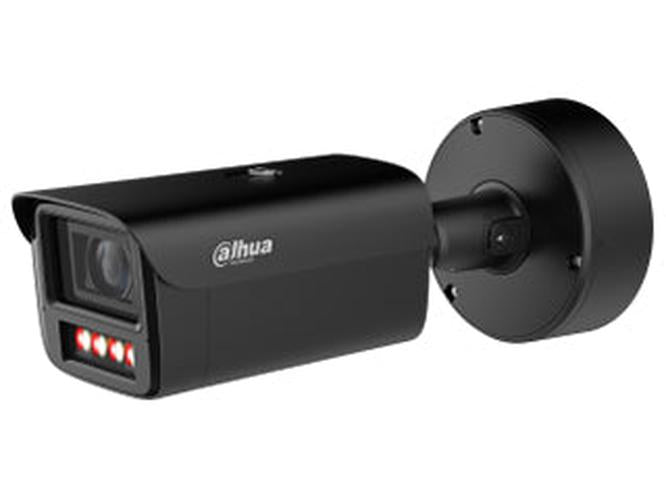 Zwarte Dahua WizMind 7 bullet beveiligingscamera met 8MP lens, actieve afschrikking en muurbeugel.