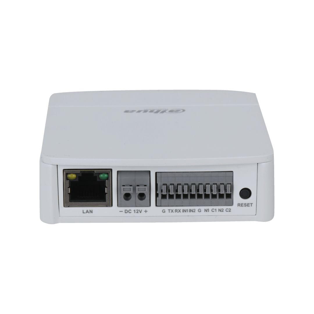 Witte Dahua IPC-HUM8241-E2 cameramodule met LAN-poort, 12V DC-aansluiting, alarm- en audio-ingangen op een witte behuizing.
