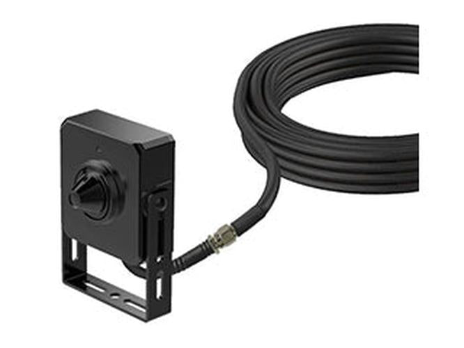 Zwarte Dahua 2MP pinhole lensmodule met montagebeugel en lange aansluitkabel voor discrete inbouw.