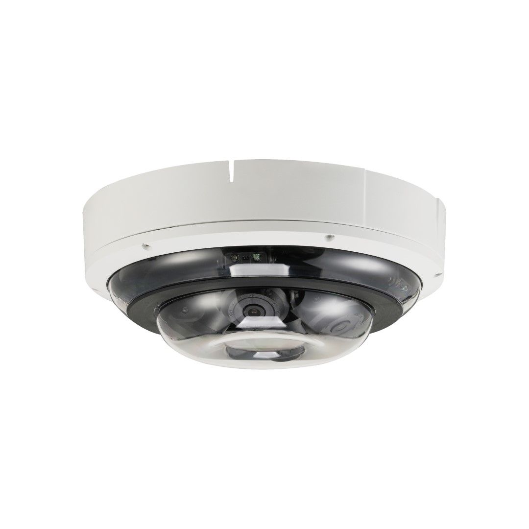 Witte Dahua multi-sensor domecamera met vier verstelbare lenzen onder een transparante koepel voor 360-graden bewaking.