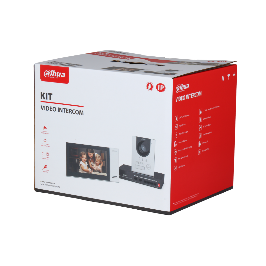 Dahua KTP01L video-intercomset in verpakking met 7-inch monitor, aluminium deurstation en PoE-switch.