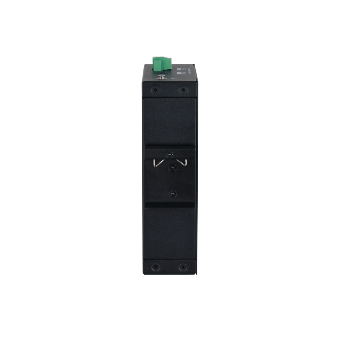 Zwarte Dahua LR2110-8ET-120-V2 ePoE-switch met metalen behuizing en DIN-rail montagebeugel aan de achterzijde.