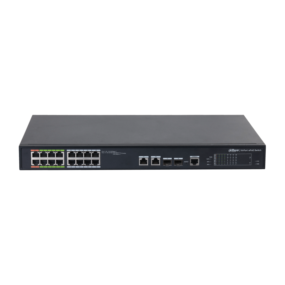 Zwarte Dahua 16-poorts ePoE-switch met metalen behuizing, RJ45-poorten, status-LED's en console-aansluiting.