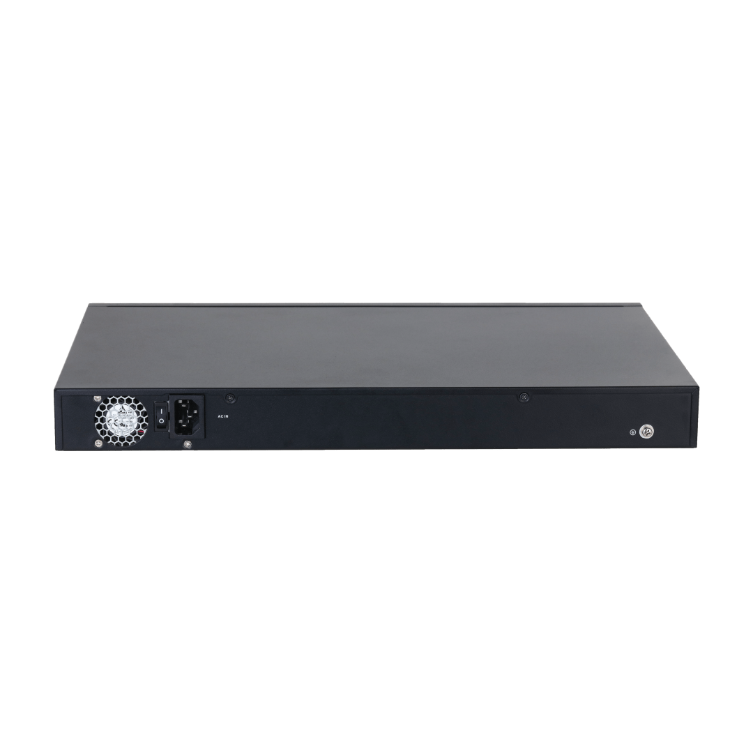 Zwarte metalen achterkant van de Dahua ePoE-switch met stroomaansluiting, aan-uitknop en ingebouwde koelventilator.