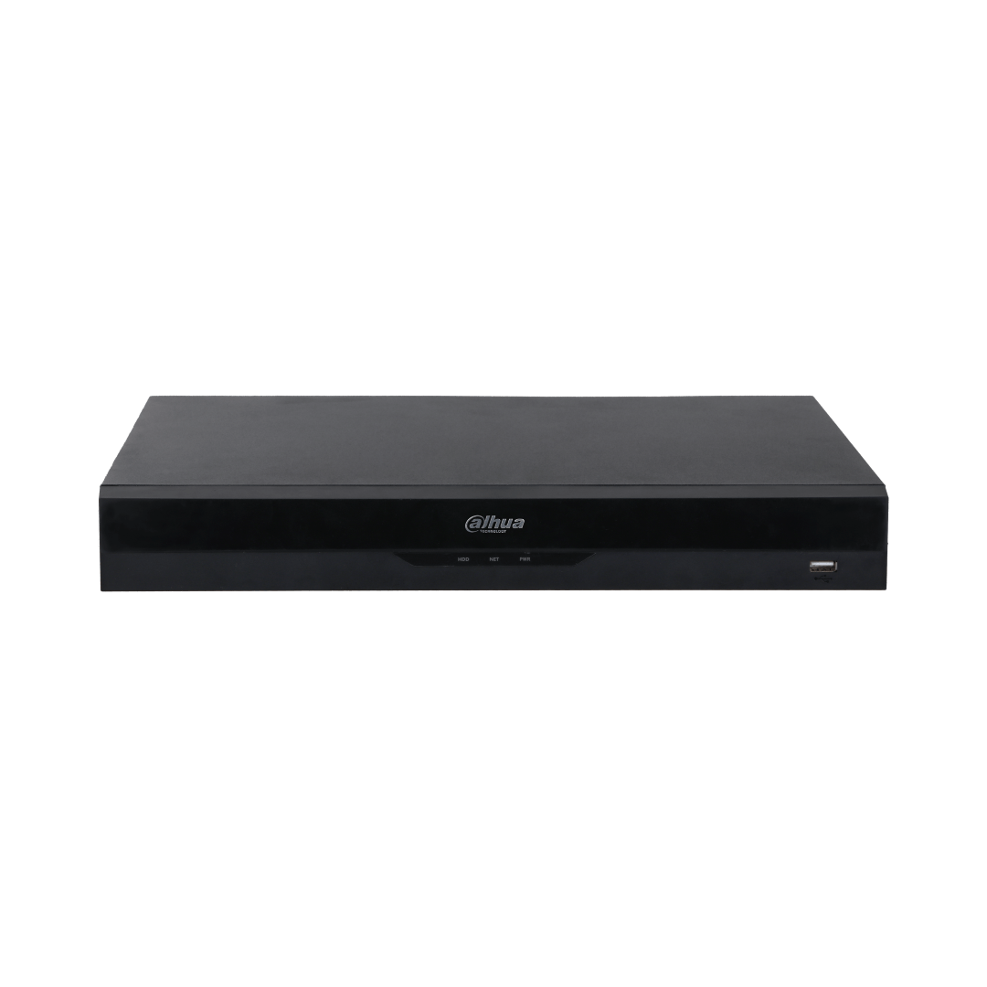 Zwarte Dahua NVR4204-P-EI 4-kanaals netwerk videorecorder met voorzijde USB-poort en statusindicatoren.