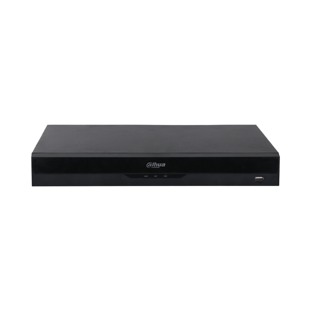 Zwarte Dahua NVR4216-16P-4KS3 16-kanaals netwerk videorecorder met USB-poort en statuslampjes aan de voorzijde.