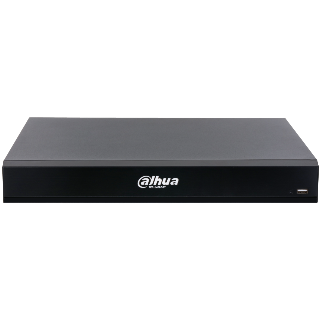 Zwarte Dahua NVR5216-16HP-XI/Pro 16-kanaals netwerk videorecorder met strak design en USB-poort aan de voorzijde.