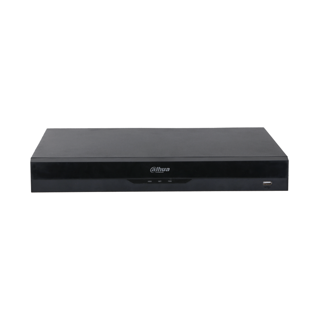 Zwarte Dahua NVR5232-EI2 32-kanaals netwerk videorecorder met strak design, statuslampjes en USB-poort aan de voorzijde.
