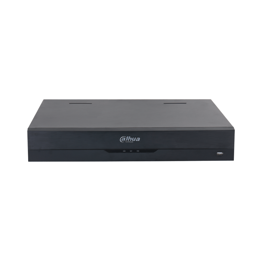 Zwarte Dahua NVR5432-16HP-EI2 netwerk videorecorder met strak metalen design en USB-poort aan de voorzijde.