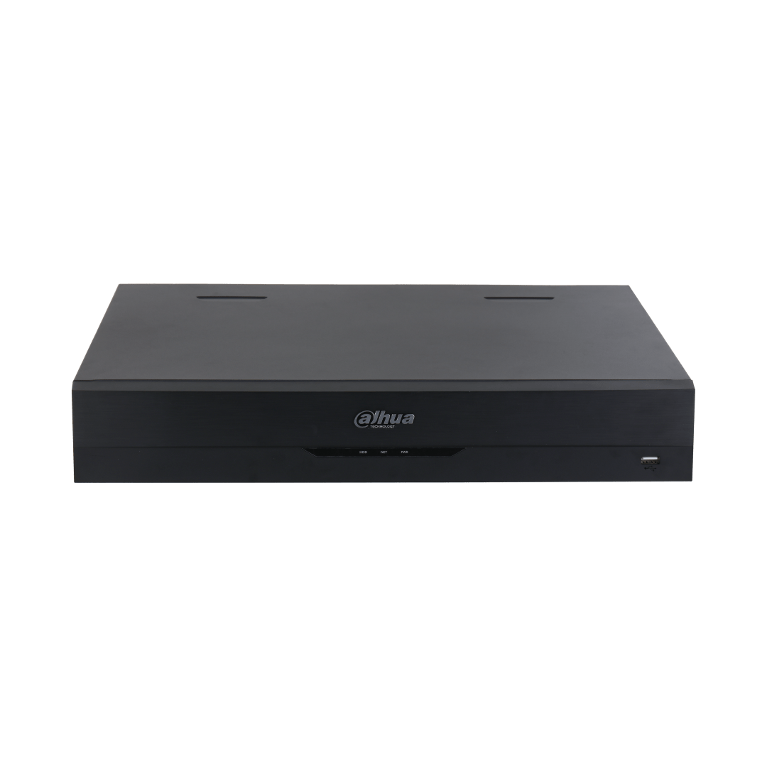 Zwarte Dahua NVR5464-EI2 64-kanaals netwerk videorecorder met strak metalen design en USB-poort aan de voorzijde.
