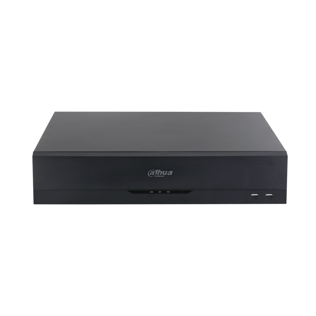 Zwarte Dahua NVR5832-EI2 32-kanaals netwerk videorecorder met USB-poorten en statuslampjes aan de voorzijde.