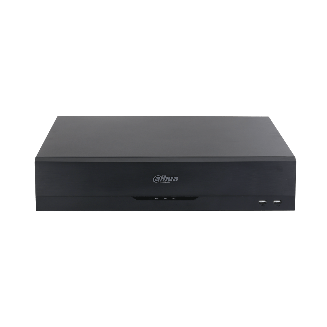 Zwarte Dahua NVR5864-16P-EI2 netwerk videorecorder met strak metalen design, statuslampjes en twee USB-poorten aan de voorzijde.