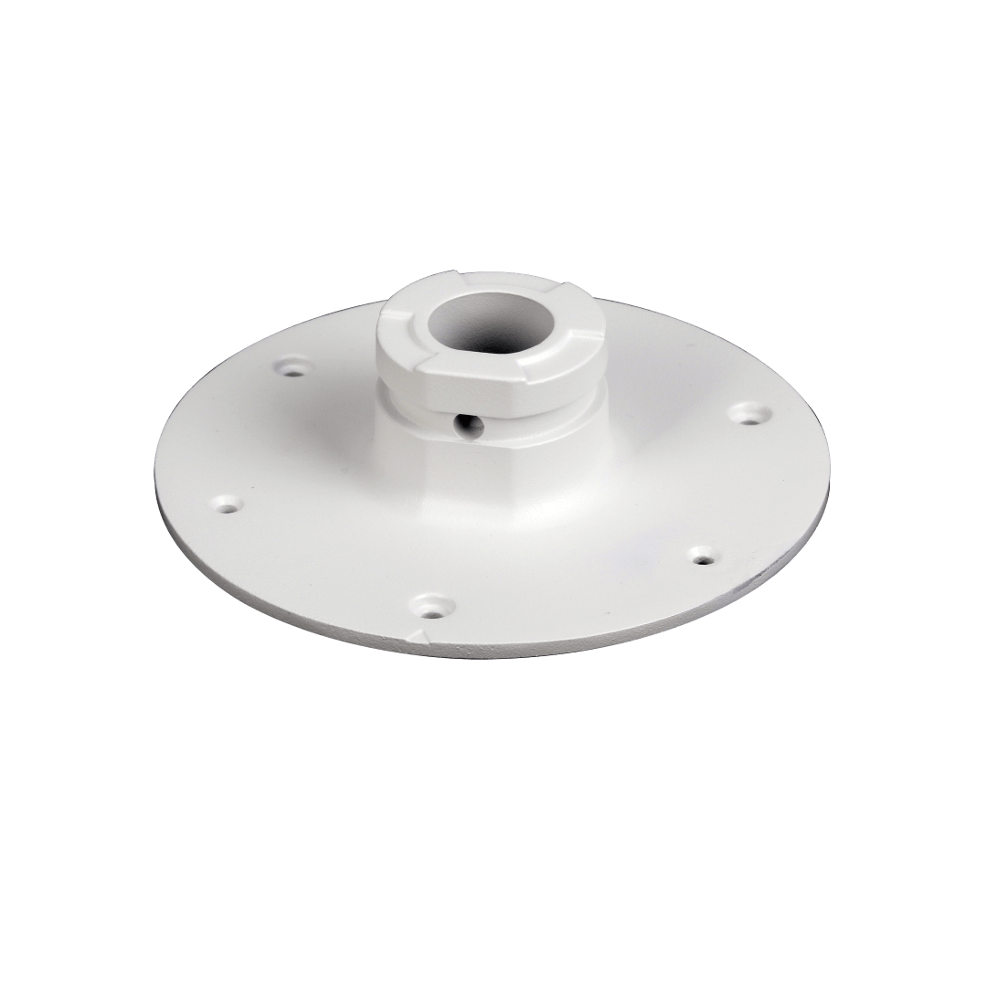 Witte aluminium Dahua PFA108 adapterplaat voor dome camera's met een diameter van 140 mm voor wand- of plafondmontage.
