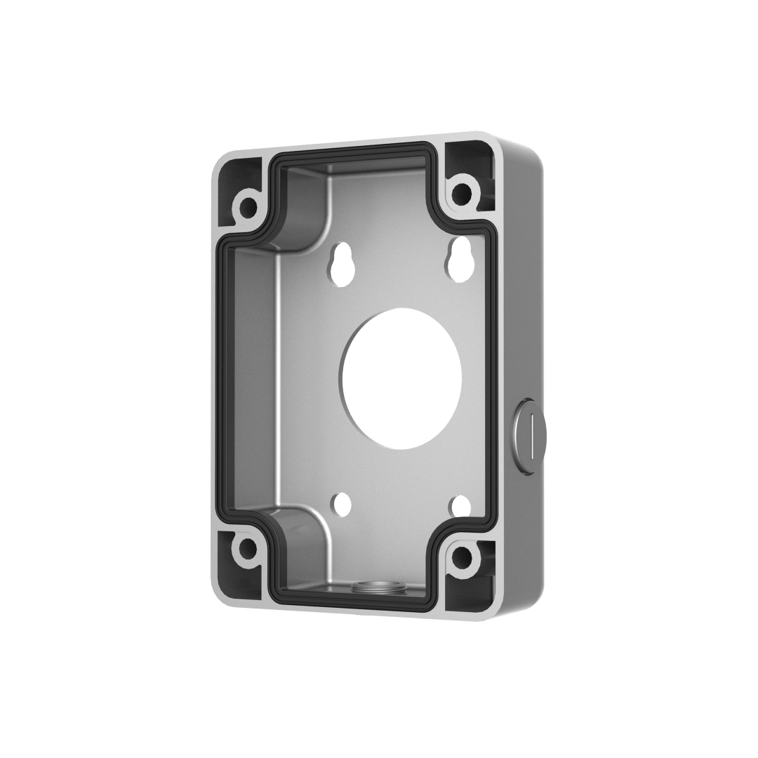 Zilveren Dahua PFA120-SG aluminium junction box voor cameramontage met zwarte afdichtingsring.