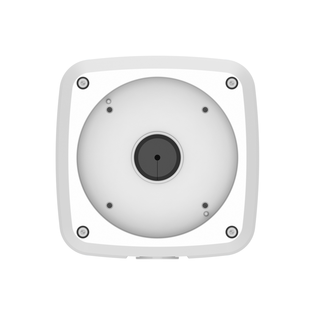 Witte Dahua PFA124 aluminium junction box voor bullet camera's met vier montagepunten en centrale kabeldoorvoer.