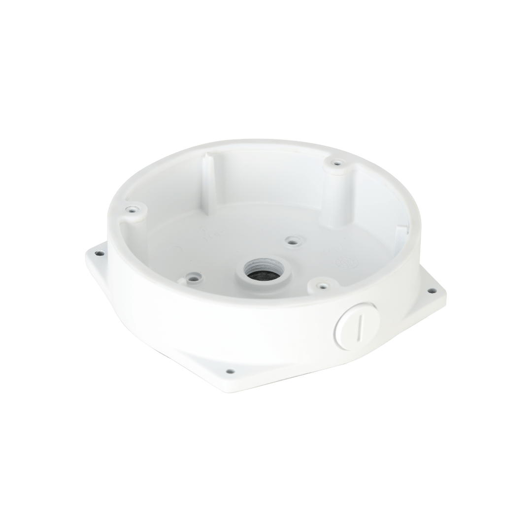 Witte aluminium Dahua PFA132-E montagebox voor dome camera's met een ronde, weerbestendige behuizing.
