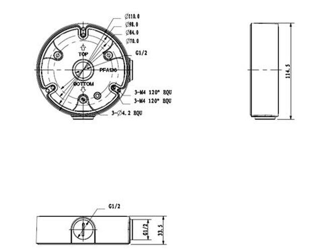 Technische tekening van de witte Dahua PFA136 aluminium montagebox met afmetingen voor dome camera's.